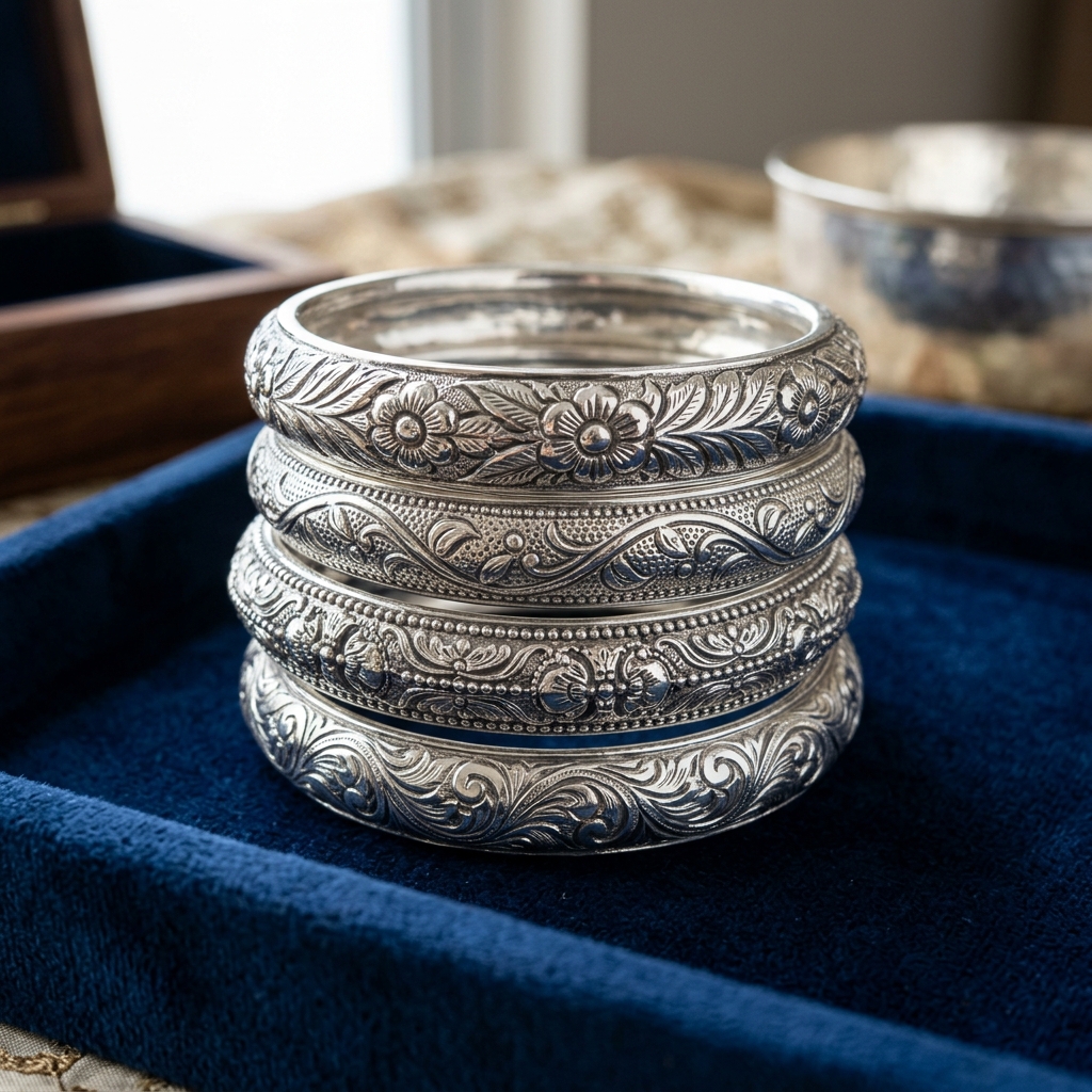 Oxidized Silver Carved Bangles (Set of 4)
