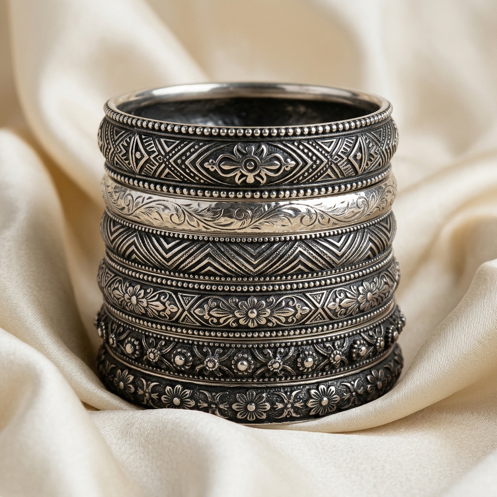 Oxidized Silver Grand Bangle Stack (Set of 6)