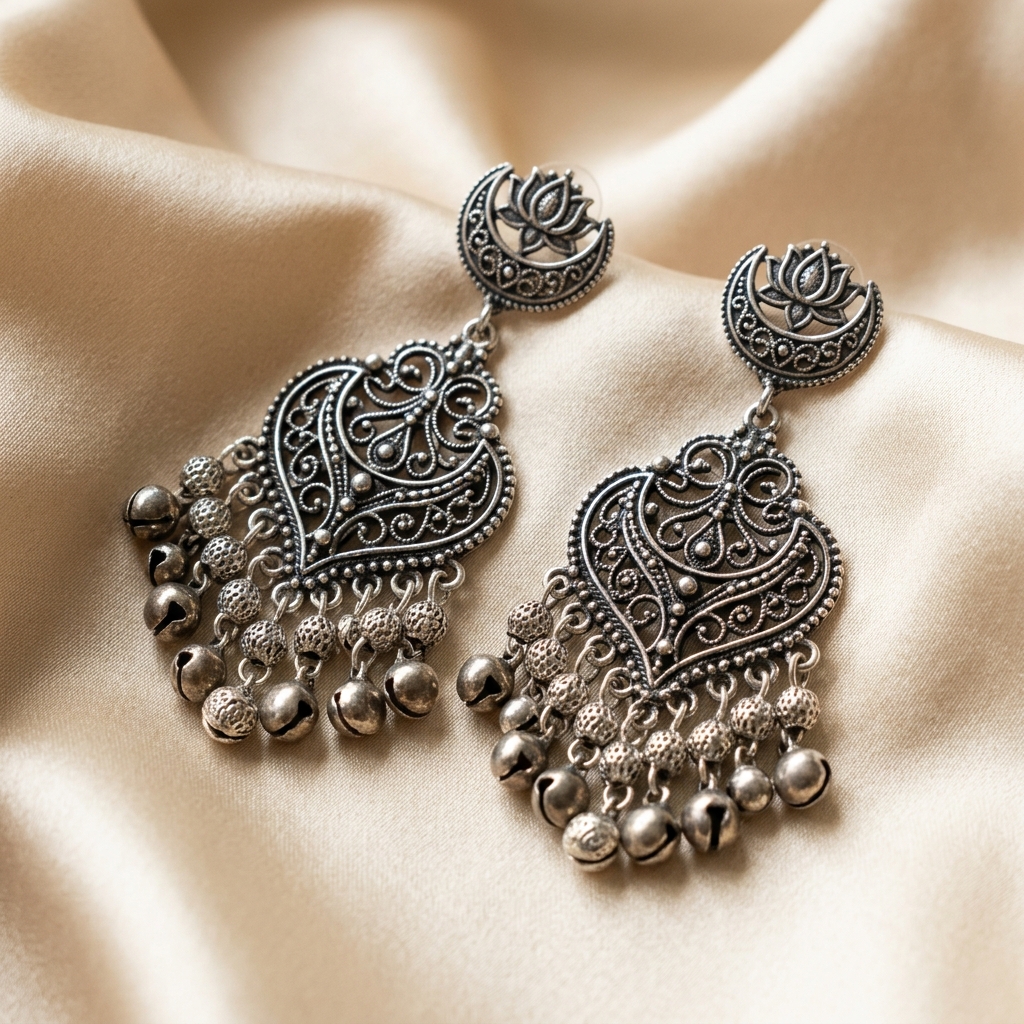 Boho Ghungroo Drop Silver Jhumkas